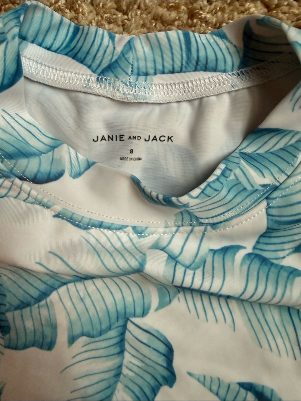Janie and Jack Girls White and Teal Leaf Print Long Sleeve Rash Guard Set - Picture 2 of 2